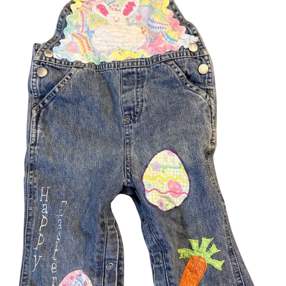 OOAK Custom‎ Overalls with Easter Patch Details - Blue Size 18-24 Months